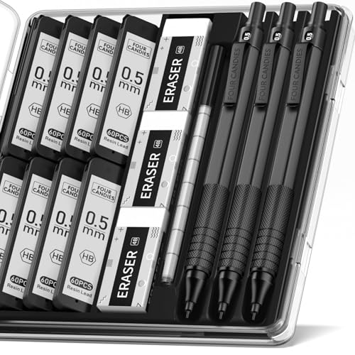 Four Candies Metal Mechanical Pencil Set with Case, 0.5mm, 3PCS, Black - color: Black, style: 0.5 MM