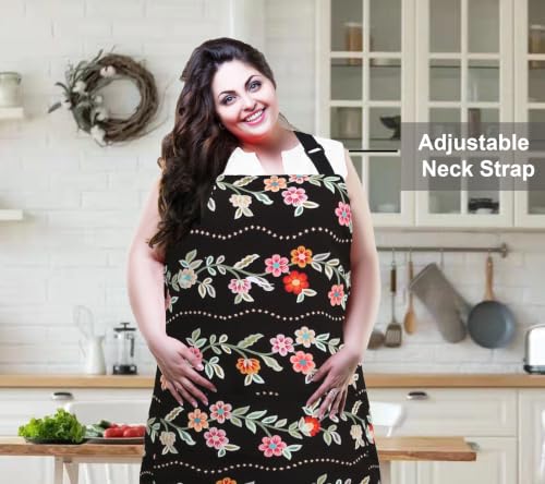 Plus Size Adjustable Bib Apron Water Resistant Canvas Extra Wide Long Ties Aprons with 2 Pockets Kitchen Cooking Gardening - color: Floral Wave Pattern