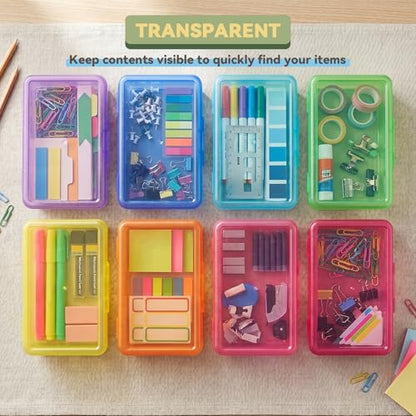 novelinks 5x8 Inch Plastic Pencil Box, Small Clear Storage Bins with Lids - size: 8 Pack