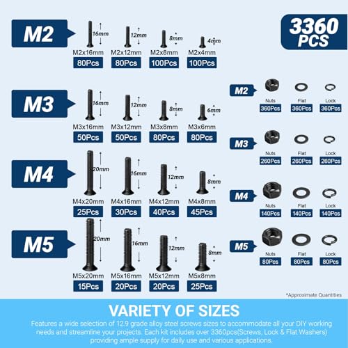 M2 M3 M4 M5 Fasteners 12.9 Alloy Steel Countersunk Hex Socket Screw Kit - color: 3360 M2/M3/M4/M4 Button Flat
