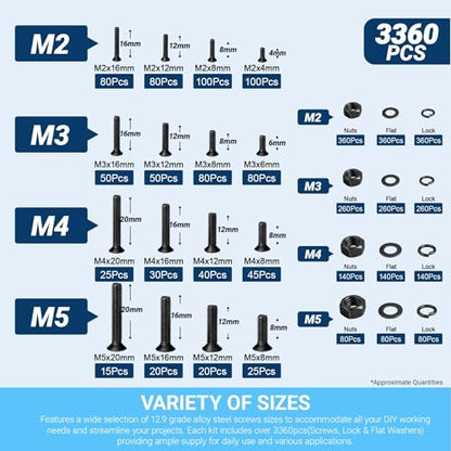 M2 M3 M4 M5 Fasteners 12.9 Alloy Steel Countersunk Hex Socket Screw Kit - color: 3360 M2/M3/M4/M4 Button Flat