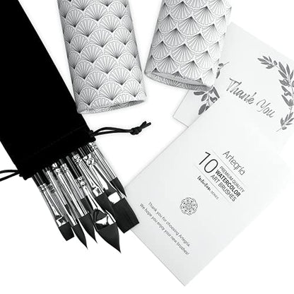 ARTEGRIA Watercolor Brush Set, 10 Soft Synthetic Squirrel Brushes - color: Black - 10pcs