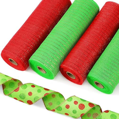 Unittype 5 Rolls Christmas Mesh Ribbon for Wreaths,Red, Green,Polka Dot