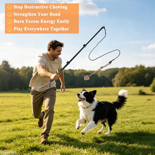 Flirt Pole for Dogs, Heavy Duty Dog Teaser Wand with 3 Replacement Rope - color: yellow