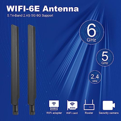 WiFi 6 6E Tri-Band 2.4GHz + 5 GHz + 6GHz 9dBi Omnidirectional Antenna for PC Desktop Computer PCI-E WiFi 6E Network Card Adapter Bluetooth Card Wireless Router（Pack of 2