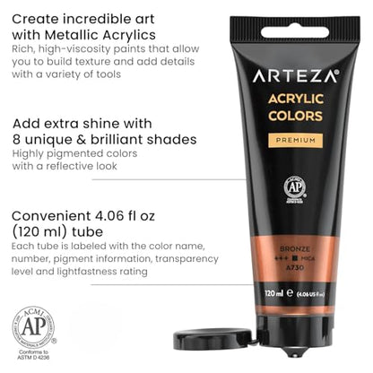 ARTEZA Metallic Acrylic Paint Set, 8 Classic Colors, 4.06 oz High-Viscosity - style: 8 x 120ml (4.06 fl oz) Metallic
