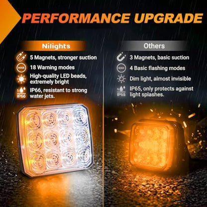 Nilight Magnetic Strobe Lights 2PCS Amber White 12 LED Rechargeable - color: 12LED 18Modes Amber White