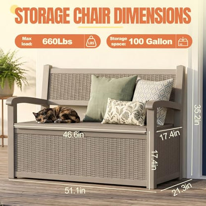 Storage Bench Outdoor Deck Box, 100 Gallon Lockable Patio Furniture, Grey