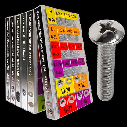 EEEEE 725pcs Phillips Pan Head SAE #4#6#8#10 Machine Screw Assortment Kit Assorted Screws 304 Stainless Steel and Nut Set Flat Washers Nuts Hardware with Snap Lock Case - size: SAE Pan Head Silver Machine Screw