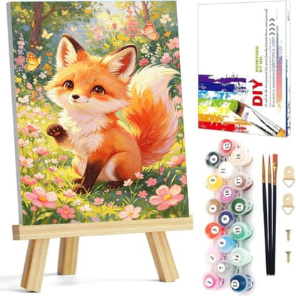 HITO Fox Paint by Numbers Kit for Kids with Frame Easel 8x12 inch - color: Spring Meadow Fox