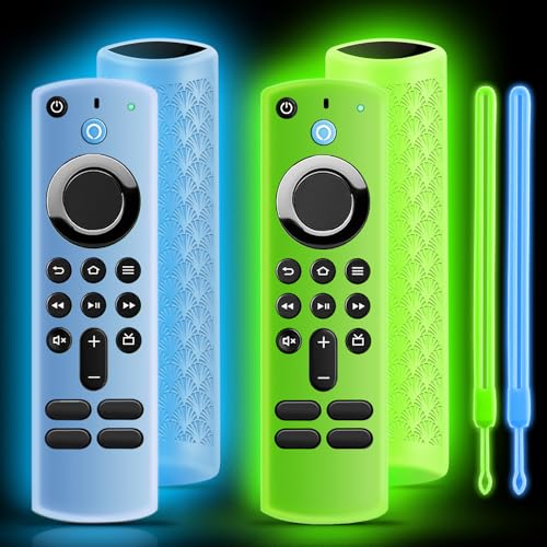 ONEBOM (2 Pack) Silicone TV Remote Cover,Anti Slip Silicone Protective Case with Same Color Lanyard（Glow Green&Glow Blue） - color: (Colored Lanyard)Glow Green&Glow Blue