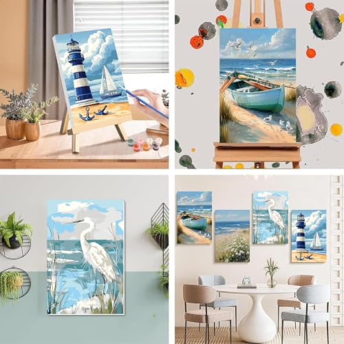 Ekuxom 4 Pack Beach Paint by Numbers Kit for Adults with Frame-Wooden Ease - color: 4 Pack Beach-1