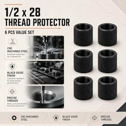 6 Pack 1/2 x 28 Thread Protector Steel for .22LR .223 & 5.56 - color: Black Thread Protector (1/2 x 28)