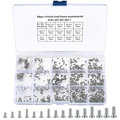 800Pcs Tiny Screws for Electronics, Micro Small Pan Head Machine Screws Assortment Kit for Eyeglasses, Watches, Clocks, Mobile Phone, M1/M1.2/M1.4/M1.6/M1.7 (800)