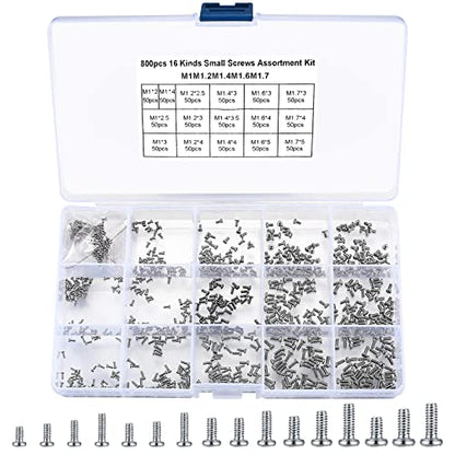 800Pcs Tiny Screws for Electronics, Micro Small Pan Head Machine Screws Assortment Kit for Eyeglasses, Watches, Clocks, Mobile Phone, M1/M1.2/M1.4/M1.6/M1.7 (800)