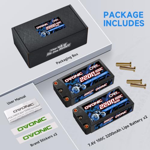 OVONIC 2S HardCase Lipo Battery 7.4V 2200mAh 120C with 5.0 Bullet Dean-Style T Connector for RC Car Truck Vehicles Boat Drone Airplane Quadcopter Helicopter FPV Racing Hobby Models 2 Batteries