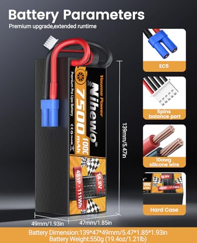 4S Battery 14.8V 7500mAh 100C Hardcase EC5 for RC Truck Boat 2Packs