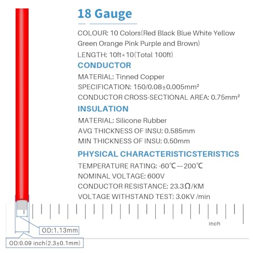 BNTECHGO 18 AWG Silicone Wire Kit 10 Color Each 10ft Stranded Tinned Copper - size: 10 colors each 10ft, style: 18 silicone wire