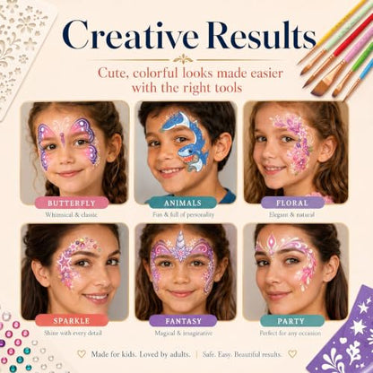 Face Painting Tool Set, 6 Type of Brushes, Stencils, Gems Included