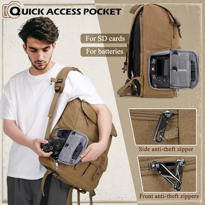 RAINSMORE Camera Backpack, DSLR SLR Mirrorless Camera Bag for Photographer - color: Khaki