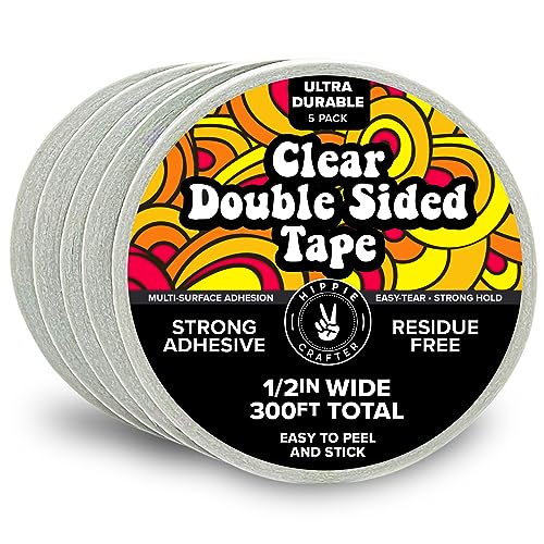 HIPPIE CRAFTER 5 Pack Clear Double Sided Tape, 1/2 Inch Wide Heavy-Duty Adhesive, Removable Mounting Tape for Posters, Carpets, Wall-Safe Use, 60 Feet Each, 300ft Total - size: 1/2 inch Wide - 5 Pack