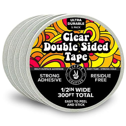 HIPPIE CRAFTER 5 Pack Clear Double Sided Tape, 1/2 Inch Wide Heavy-Duty Adhesive, Removable Mounting Tape for Posters, Carpets, Wall-Safe Use, 60 Feet Each, 300ft Total - size: 1/2 inch Wide - 5 Pack