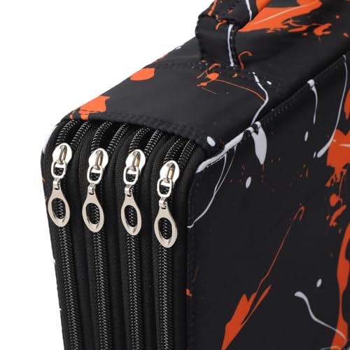 300 Slots Canvas Pencil Case 4-Layer Zipped Holder w/Handle - color: Orange Splash Ink, size: 300
