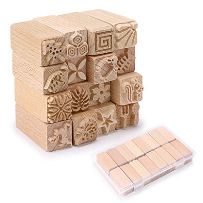 OwnMy Set of 16 Clay Modeling Pattern Stamp Kit Wooden Clay Pottery Stamps