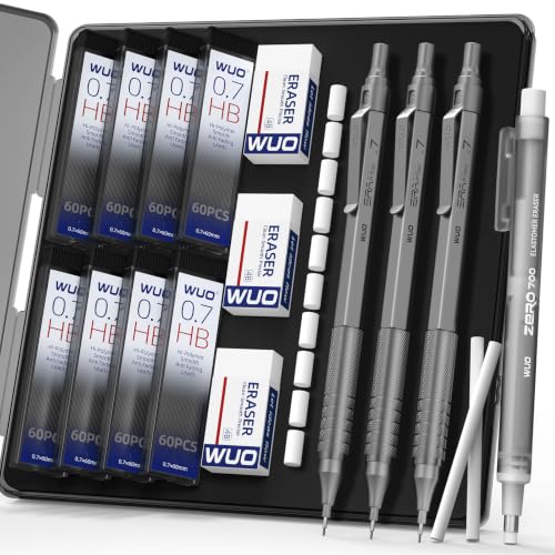 WUO 0.7mm Mechanical Pencil Set, 3 Pack Grey Metal Drafting Pencils - color: Grey, size: 0.7