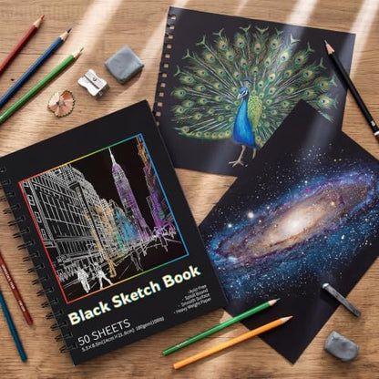 2 Pack Black Paper Sketchbook, 5.5 × 8.5 in, 100 Sheets, Spiral Bound - size: 5.5×8.5 Inch (2 Pack )