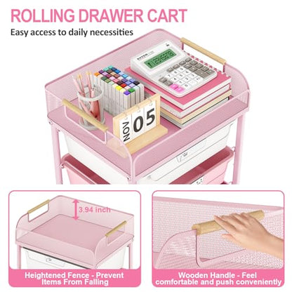 SYKIARIOL 4-Drawer Rolling Storage Cart with Mesh Top, Rose Pink - color: Gradient Pink