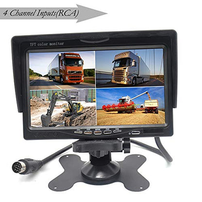 Padarsey 7" TFT LCD Car Rearview Quad Split Monitor,Remote Control, 4 Channels RCA Video Inputs(4-PIN Shockproof Connector) - 12V-24V 800×480HD Screen w/Sunshade Anti-Glare