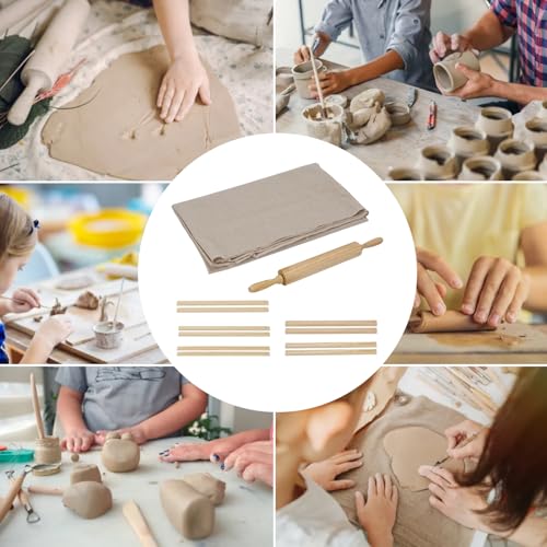 12 Pcs Pottery Tools Kit, Wood Rolling Pin Sculpting Polymer Clay Tools, Portable Pottery Wedging Board/Linen Tablecloth, 10 Pcs 5 Size Pottery Teaching Rolling Mud Stick Guide (Tablecloth)