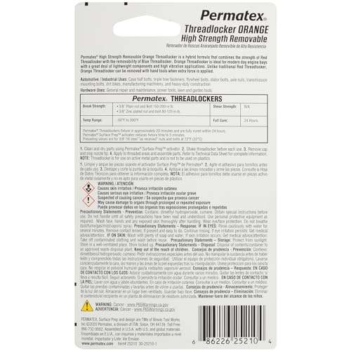 Permatex 25210 High Strength Removable Threadlocker Orange Liquid, 10 ml - size: 10 ml, style: Liquid - High Strength