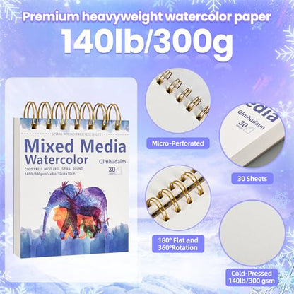 Qlmhudaim Mixed Media Sketchbook 4" x4”| 30 Sheets 140lb/300g - size: 4 x 4 Inches (1 pack)