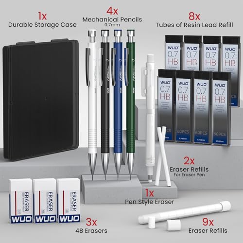 WUO 0.7 mm Mechanical Pencils with Eraser Pen Storage Case, 4 PCS - color: Multicolor2 - 0.7mm (4 Pack)
