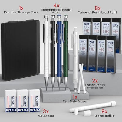 WUO 0.7 mm Mechanical Pencils with Eraser Pen Storage Case, 4 PCS - color: Multicolor2 - 0.7mm (4 Pack)