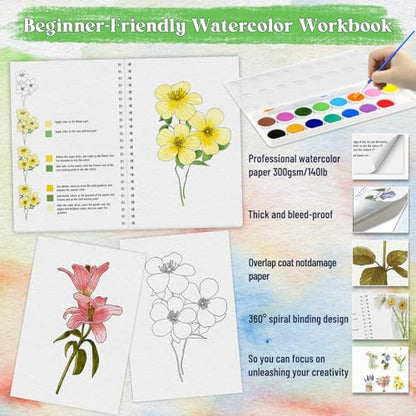 Beginners Watercolor Workbook for Adults, Step-by-Step Coloring Book Set - style: Flowers