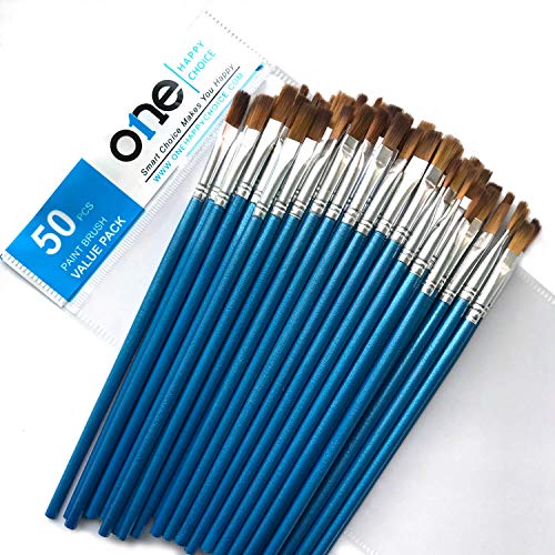 50 Pcs Value Pack of Flat Paint Brushes, Synthetic Soft Hair, Short Handle