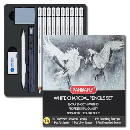 PANDAFLY Professional White Charcoal Pencils Set, 14 Piece - color: White, size: 1 Count (Pack of 14)