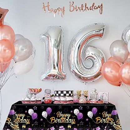 Breling 3 Pack Happy Birthday Tablecloths Decoration, Black Purple - color: Black Purple