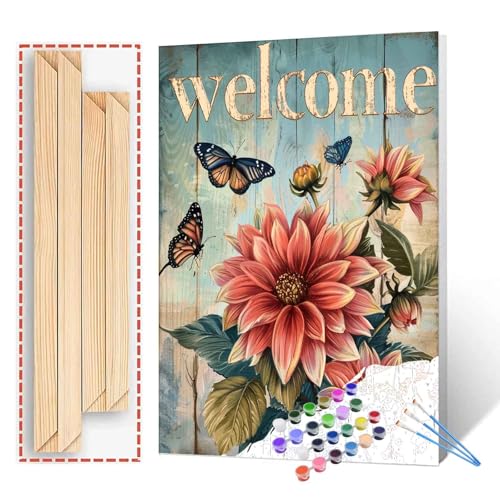 "welcome" Sign Paint by Numbers for Adults Beginners-Paint by Number Vintage Wood Grain,DIY Butterfly and Dahlia Acrylic Paint by Numbers Kits on Canvas for Adults Beginner 16x20inch(With Frame) - color: Artwork-02, size: 16''x20''(DIY Frame)