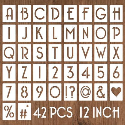YEAJON 12 Inch Letter Stencils and Numbers, 42 Pcs Alphabet Drawing Stencils, Reusable Plastic Craft Templates for Painting on Wood, Wall, Fabric, Rock, Signage - size: 12 Inch