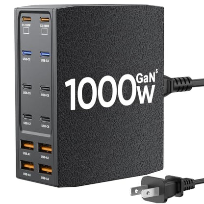 1000W USB Charging Station,12-Port USB C Charger Block with Dual 100W PD - color: Black