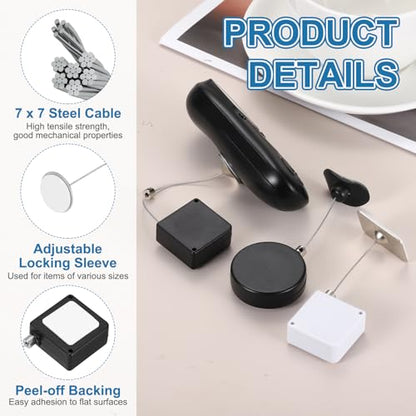 PATIKIL 3.3ft (1M) Retractable Remote Control Cable Tether 1.5N, 3PCS Remote Control Security Lanyard Lock Adjustable Locking Leash with Round Iron Cap for TVs Tablets Showroom, Black - color: Black
