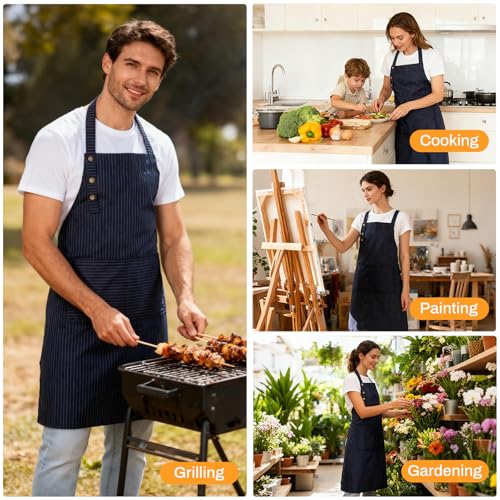 Adjustable Bib Apron Waterdrop Resistant with 2 Pockets Cooking Kitchen Aprons for Women Men Chef - color: Blue