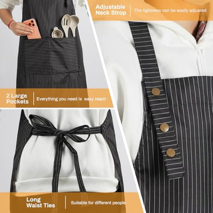 Adjustable Bib Apron Waterdrop Resistant with 2 Pockets Cooking Kitchen Aprons for Women Men Chef - color: Black