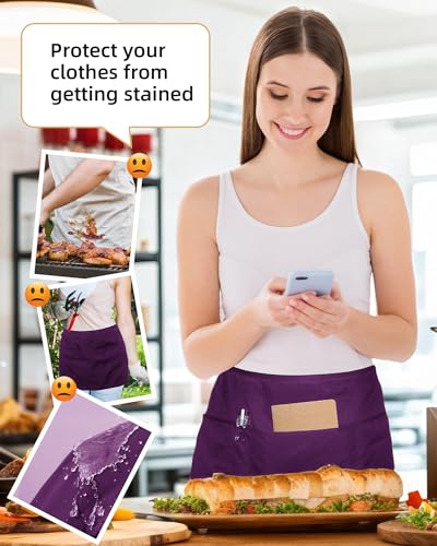 Argstar 2 Pack Server Apron with 4 Pockets, Waitress Waiter Waist WaterDrop Resistant Short Aprons - color: Purple