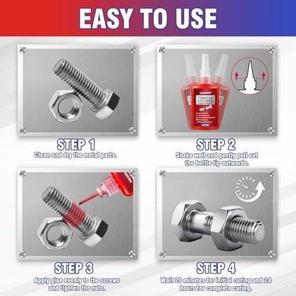 Vigorder Thread Lock Medium and High Strength, Thread Locker for Nuts, Bolts, Fasteners and Metals to Prevent Loosening and Leakage, Blue and Red