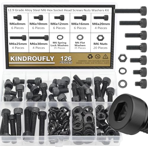 126 Pieces Black M6 x 8/10 /12/16 /20/25 /30mm Hex Socket Head Cap Screws Nuts Washers Assortment Kit, 12.9 Grade Alloy Steel - size: M6, style: Socket Head